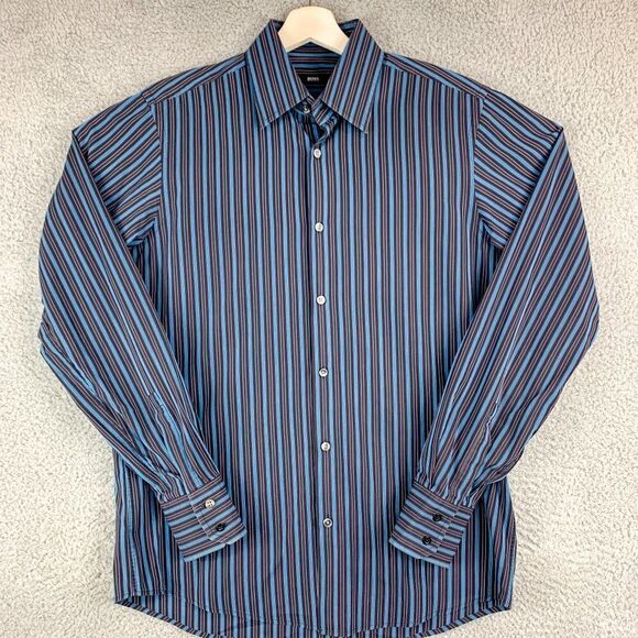 Hugo Boss Dress Shirt Mens 15.75 40 Black Blue Stripe Business Casual‎ Designer - Picture 1 of 11
